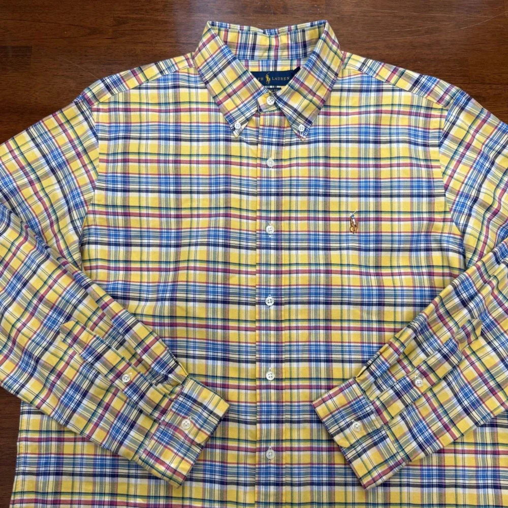 Ralph Lauren Button Down Shirt‎ Mens Large Yellow Blue Plaid Classic Fit Cotton